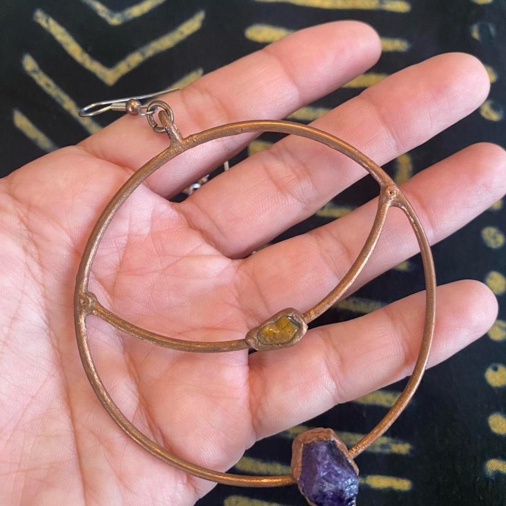 Copper Large Hoops Real Tiger Eyes Real Amethyst Moon Dangle Earrings View 4